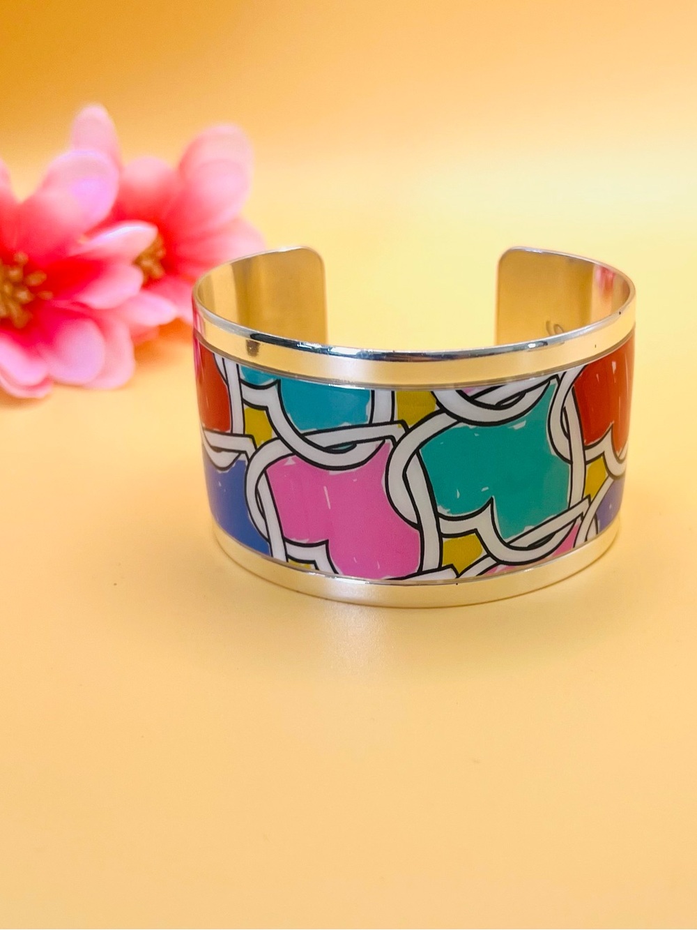 Colorful Heart Pattern Silver Cuff Bracelet